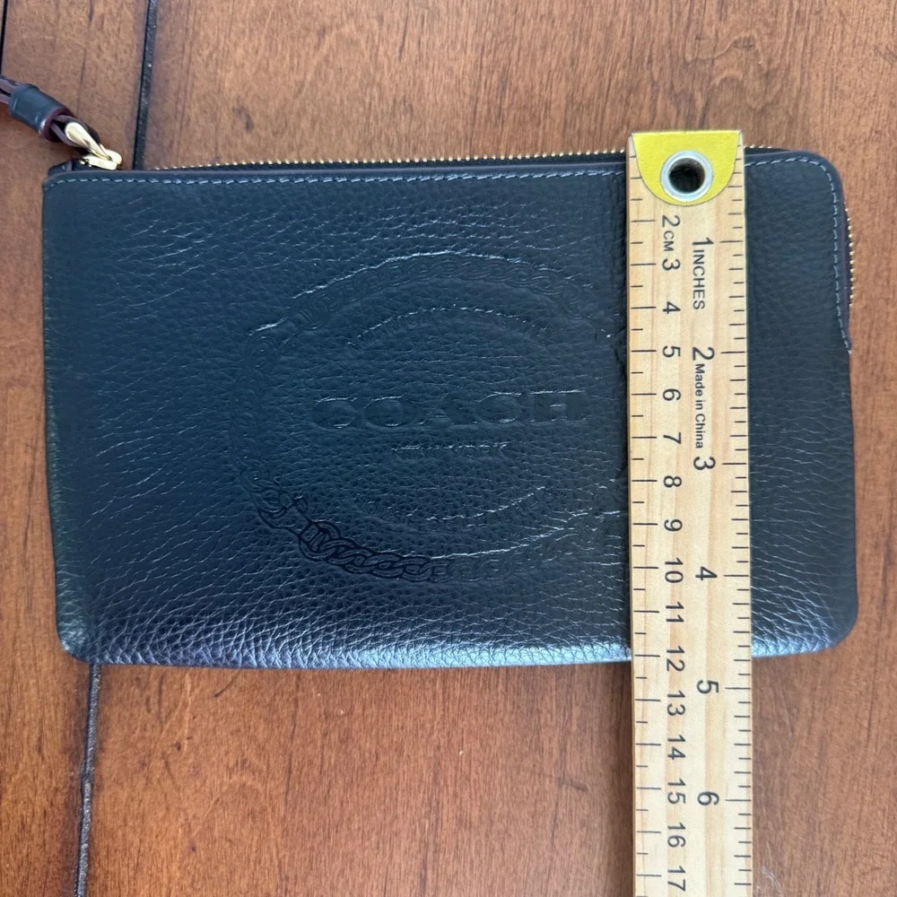 Coach Black Pebbled Leather Embossed Logo Large Wristlet Gold Hardware Wallet